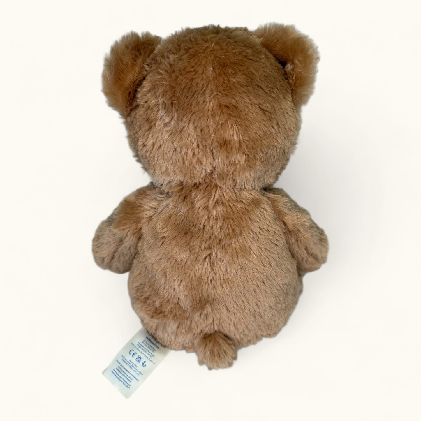 Brown teddy bear with a tag on a white background