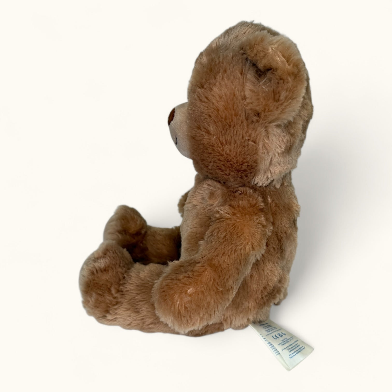 Brown teddy bear with a tag on a white background