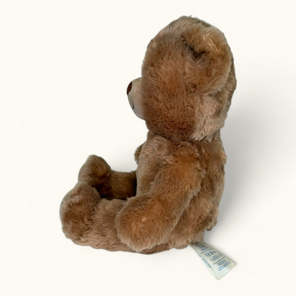 Brown teddy bear with a tag on a white background