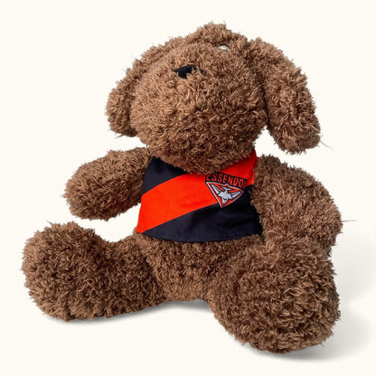 Brown teddy bear wearing a red and black bandana on a white background