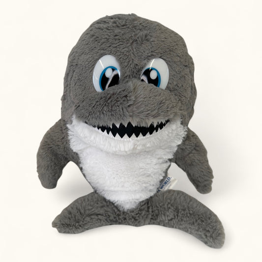 Plush shark toy with gray body and white underbelly on a white background