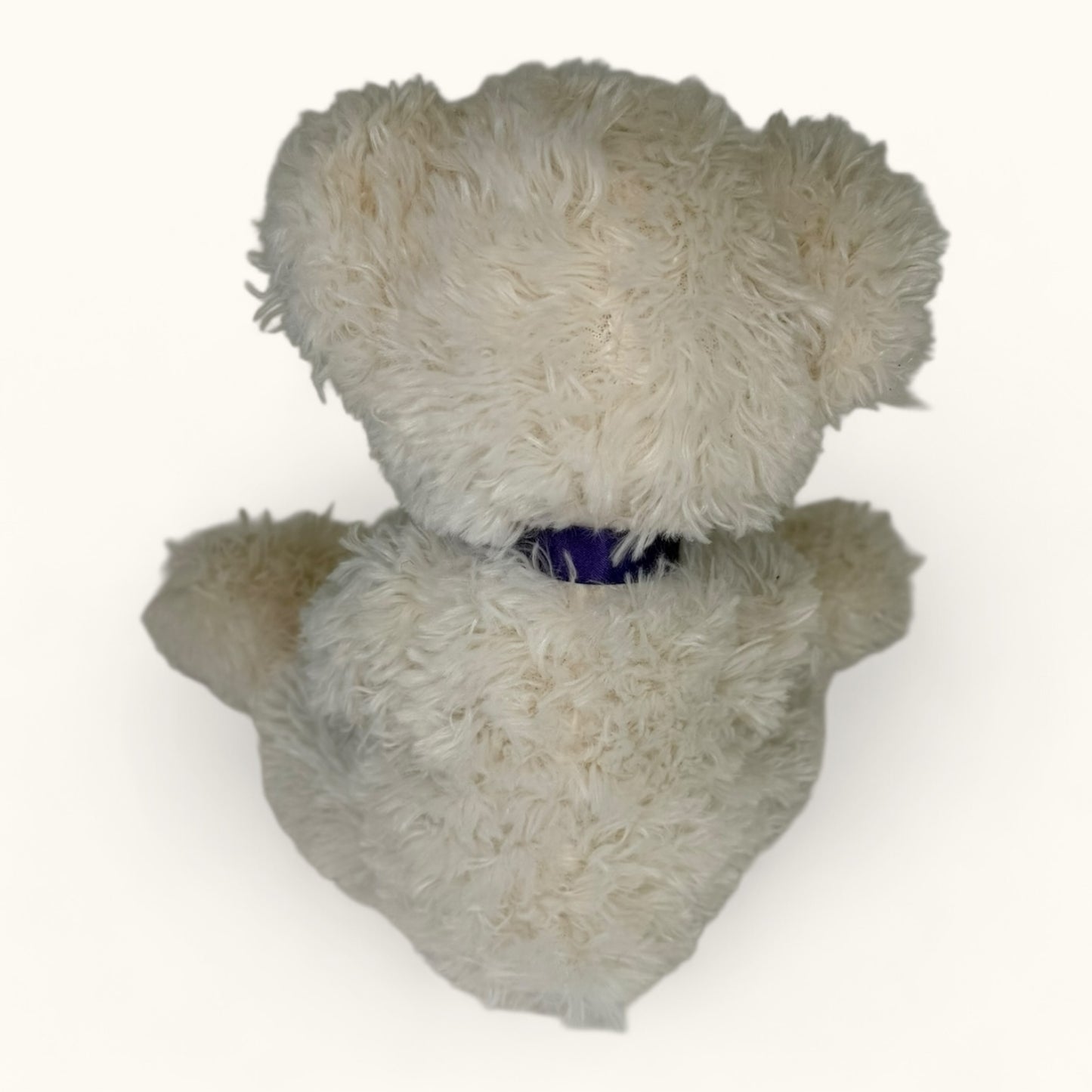 White fluffy teddy bear with a purple ribbon on a white background