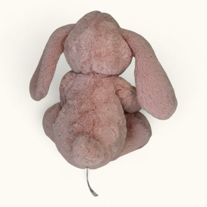 Pink plush bunny toy on a white background