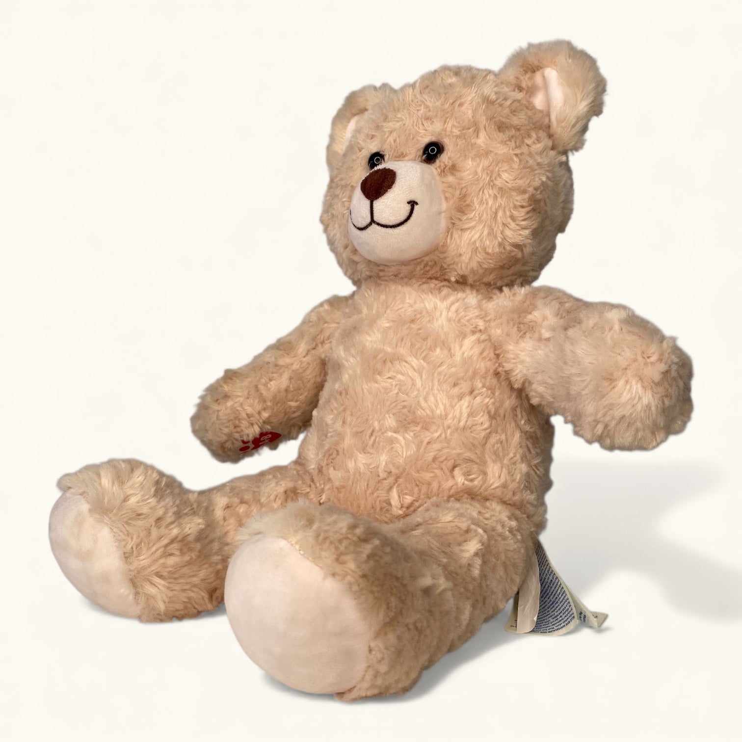 Beige teddy bear with a visible brand label on a white background