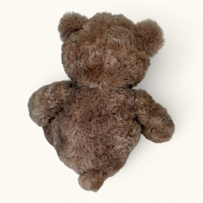Brown teddy bear from behind on a white background