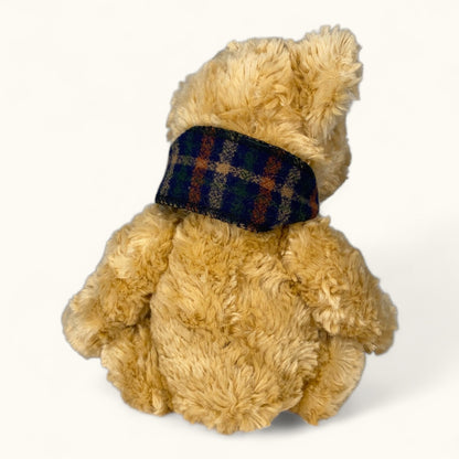 Beige teddy bear wearing a plaid scarf on a white background