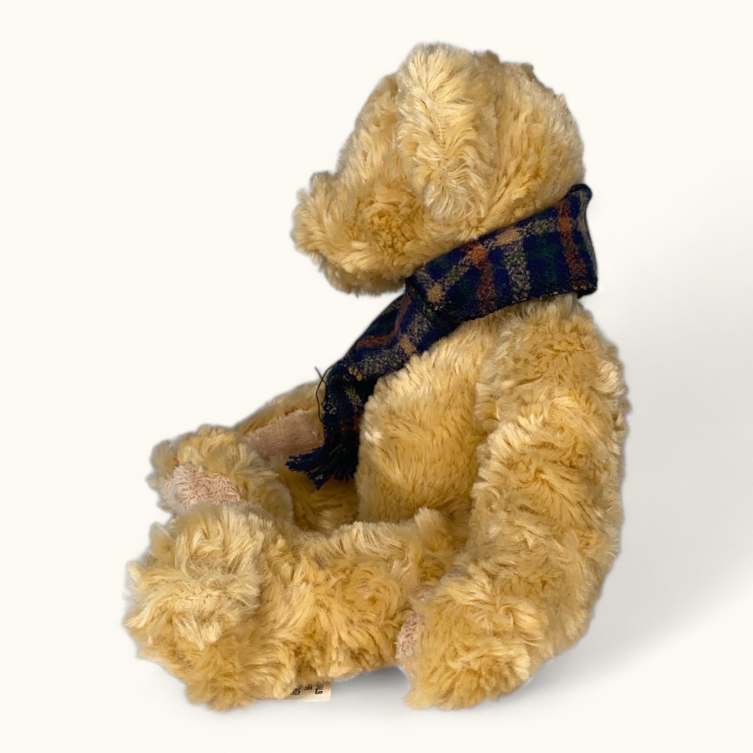 Beige teddy bear wearing a plaid scarf on a white background