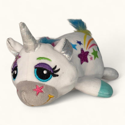 Plush unicorn toy with colorful stars on a white background