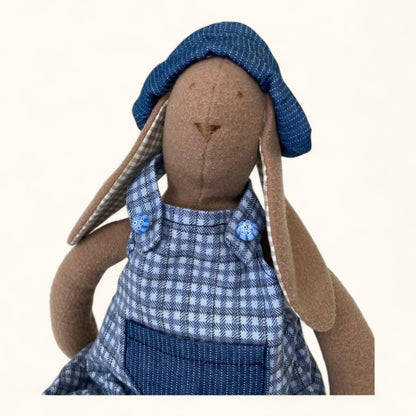 Stuffed toy rabbit wearing a blue checkered outfit and hat on a white background