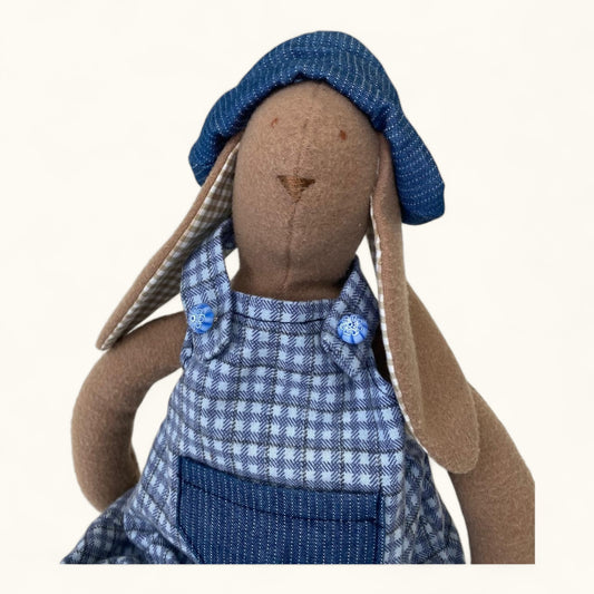 Stuffed toy rabbit wearing a blue checkered outfit and hat on a white background