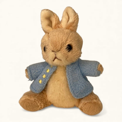 Stuffed toy rabbit wearing a blue coat on a white background