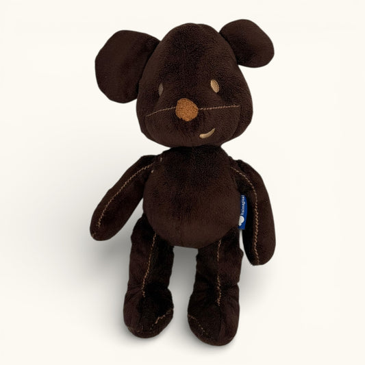 Brown plush toy with a smiley face on a white background