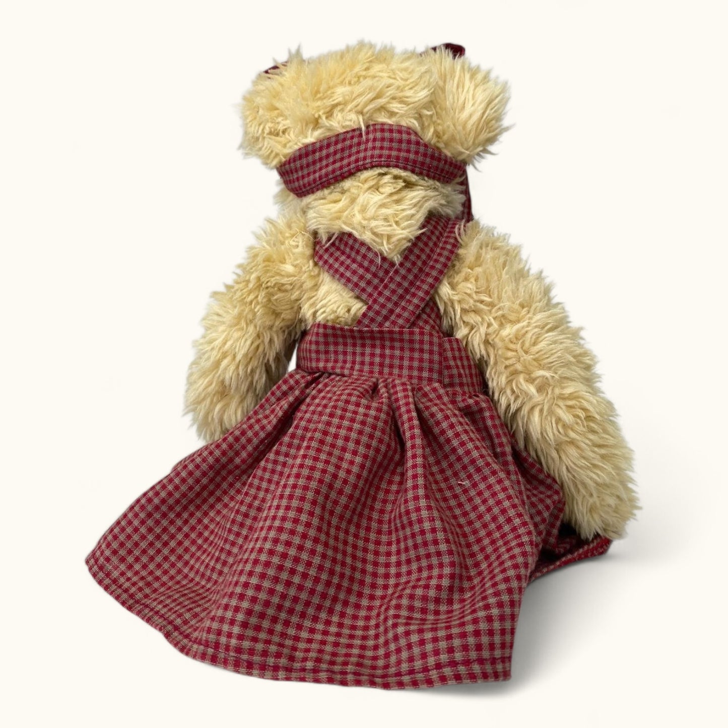 Teddy bear wearing a red checkered dress on a white background