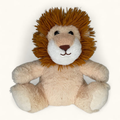 Plush lion toy with a brown mane on a white background