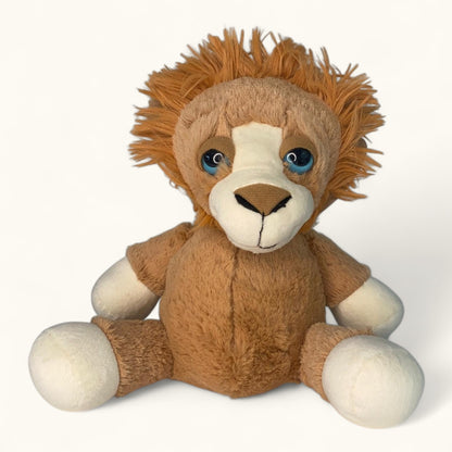 Plush lion toy on a white background
