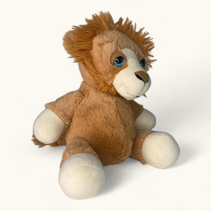 Plush lion toy on a white background