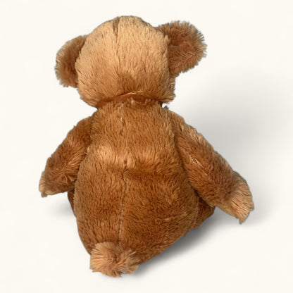 Brown teddy bear from behind on a white background